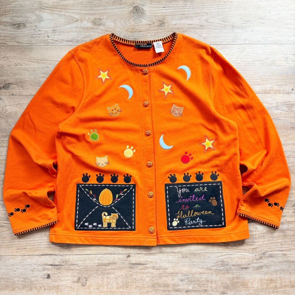 Vintage Halloween Cardigan Orange Cats Moon Stars Pumpkin Button Jacket Onque